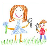 Drawing of a student holding a flower and a microscope.