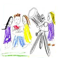 Drawing of students using a telescope outdoors.
