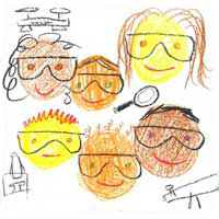 Drawing of students smiling and wearing goggles.